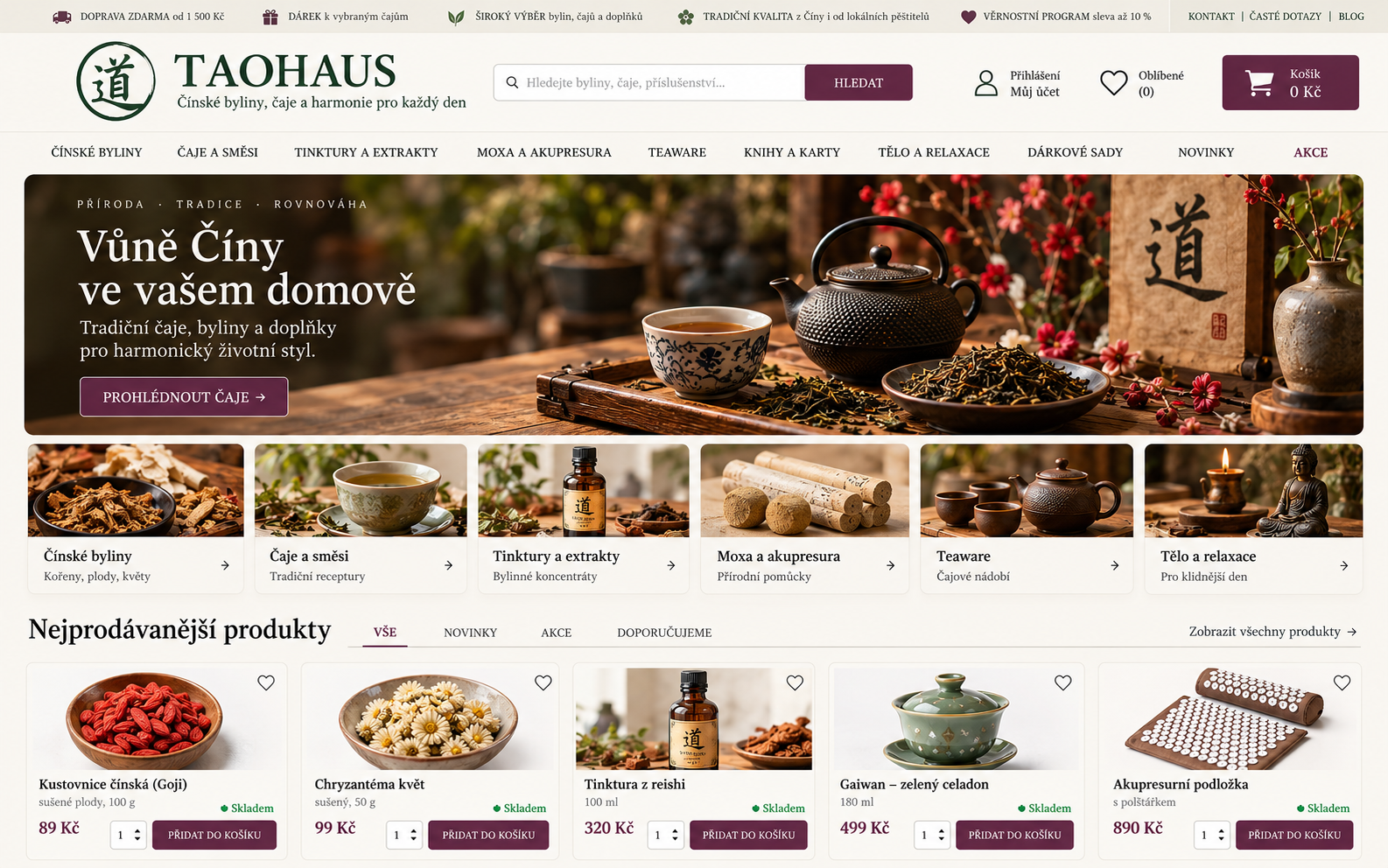Modelový e-shop TAOHAUS po redesignu: klidná navigace, vzdušný úvod a přehledné produktové kategorie